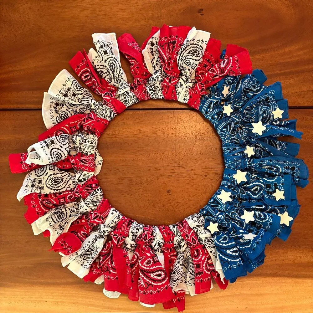 Handmade Patriotic Wreath Bandana Red White Blue Fourth of July 4th Veterans Day